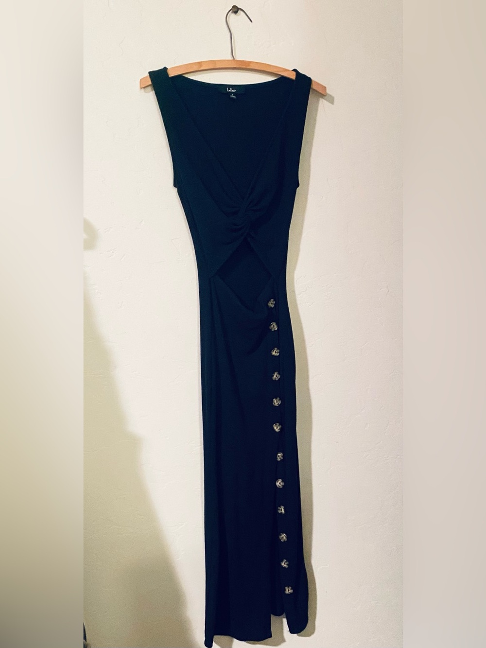 Lulu's Black Twist-Front cut out Maxi Dress with Button Down Side slip Detail